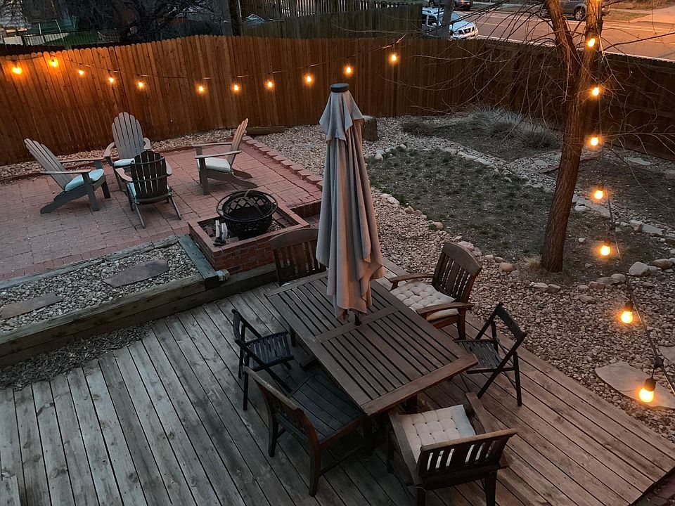 Backyard view from the back porch. Raised garden beds along north fence.