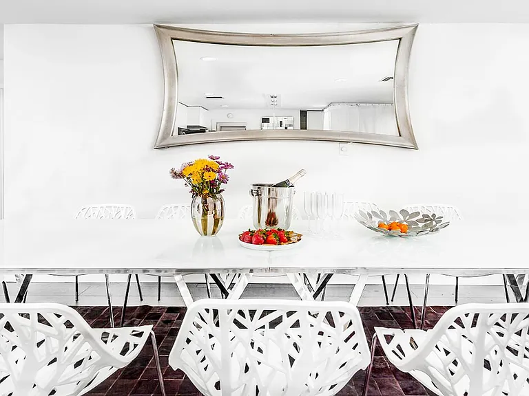 Dining area with fireplace.
