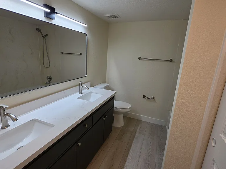 Masterbath, new countertop, lights, sinks, faucet, mirror and toilet!