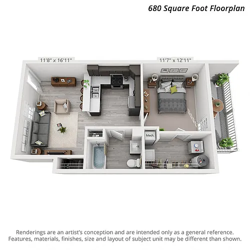 Floor plan 1 Bedroom First Level - 680sf