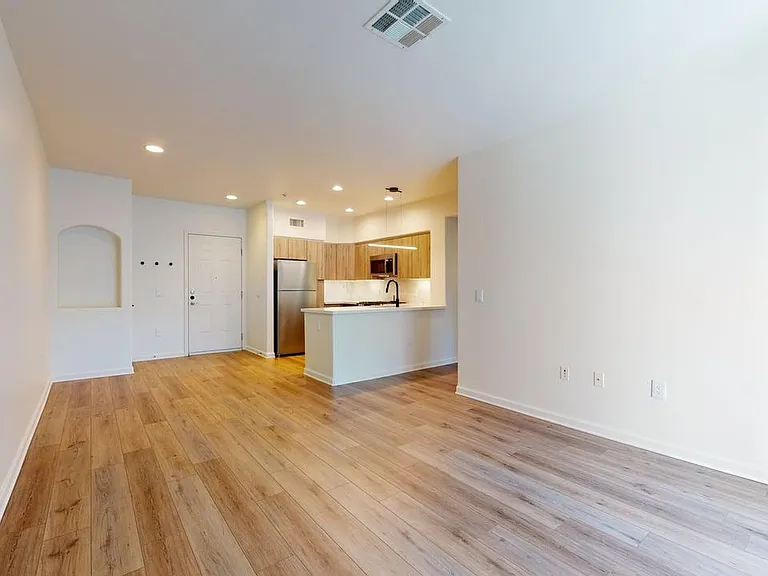 Apartment living room with wood style floor.