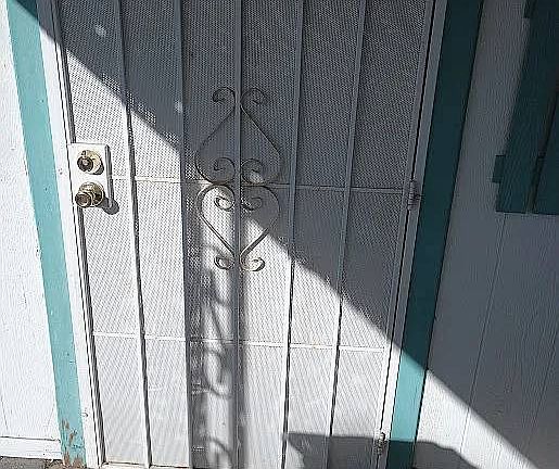 FRONT DOOR WITH HEAVY METAL SECURITY SCREEN DOOR OH AND THE SHERIFF LIVES NEXT DOOR.