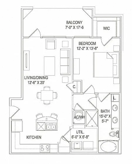 Floor plan 1BR 1BA (847 SF)