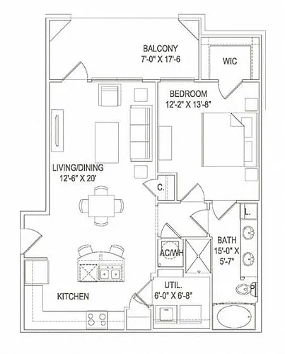 Floor plan 1BR 1BA (847 SF)