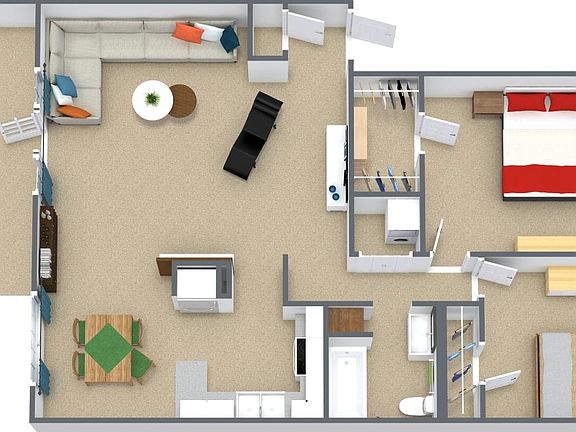 Floor plan with "furniture" placed. Your stuff will fit!