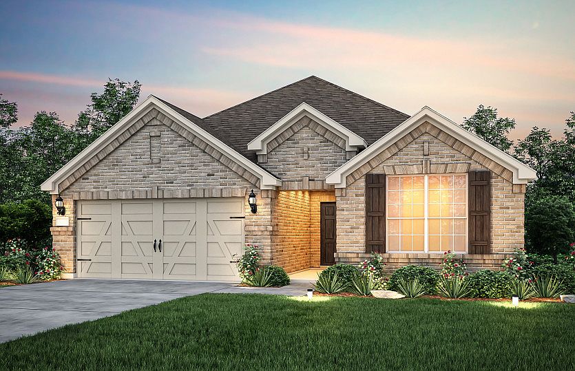 Exterior A of the Blue Sky, a one-story home with 2-car garage and shutters