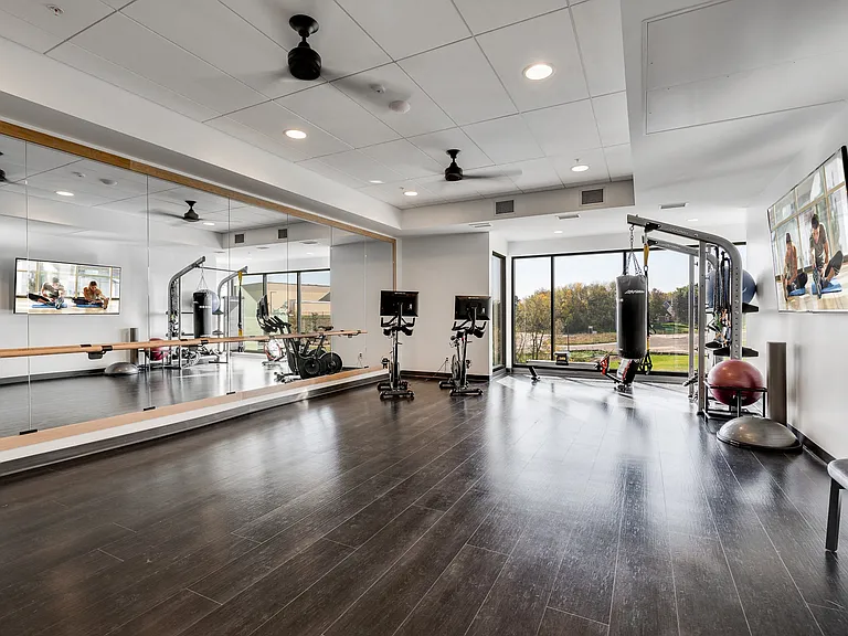 The yoga and spin studio is equipped with on-demand fitness classes