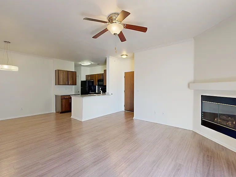 Apartment kitchen with stainless steel appliances, dining and living room with wood-style flooring.