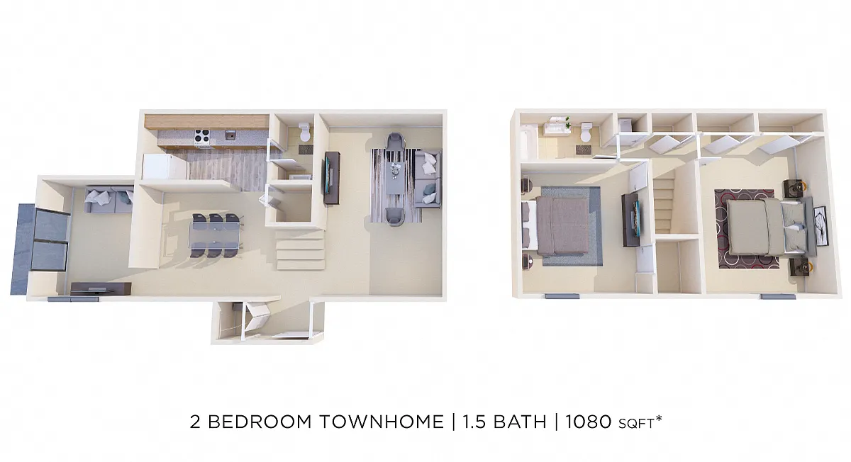 Floor plan Two Bedroom 1.5 Bath w/ Den Townhome 1,080 sqft