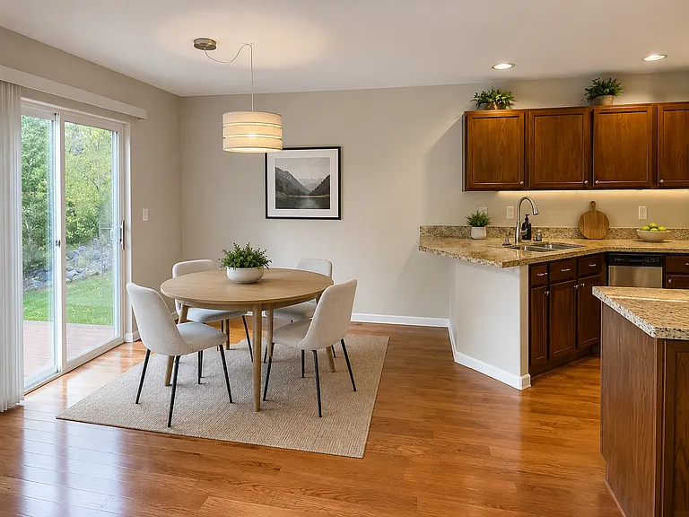 Dedicated dining space adjacent to the kitchen and patio access