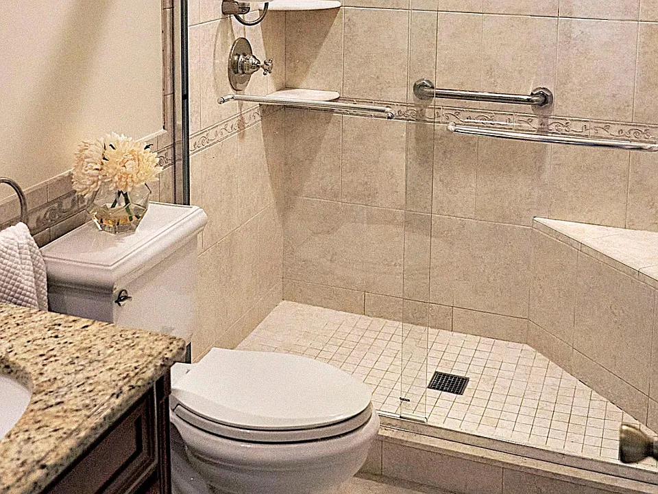 Oversized shower with glass doors,