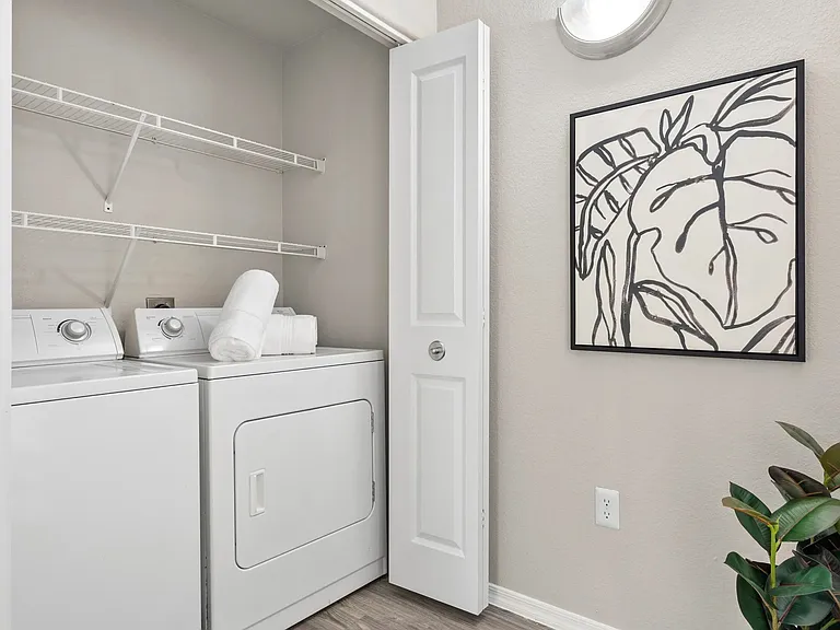 Discover worry-free living with included full-size washer & dryer in every home.