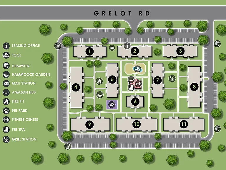 Explore our community layout featuring convenient access to the pool, fitness center, and all amenities, professionally operated by Highlands Vista Group.