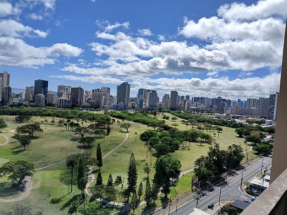 View of Ala Wai Golf Course and Honolulu/Waikiki skyline from lanai.