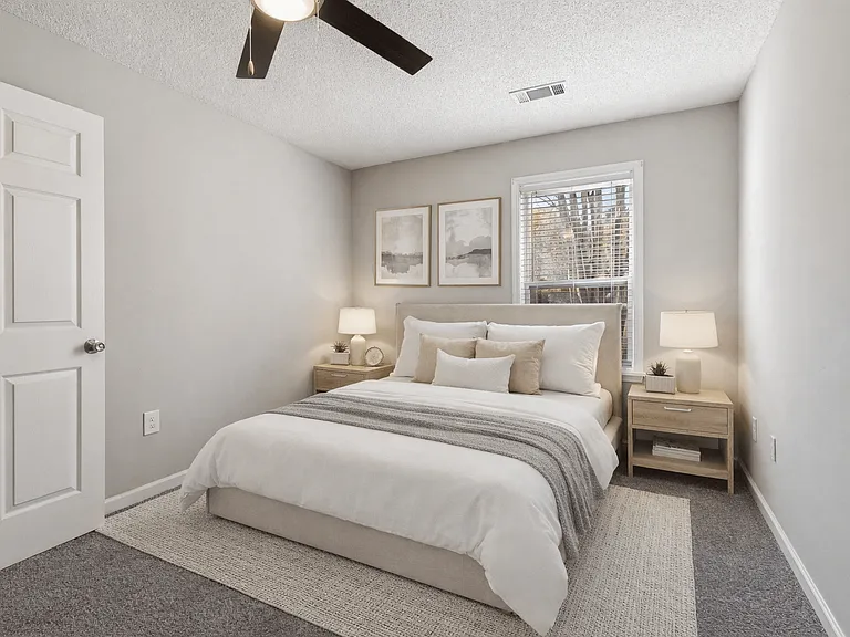 Retreat to comfortable bedrooms with space for full bedroom sets and ceiling fan comfort (virtually staged), professionally operated by Highlands Vista Group.
