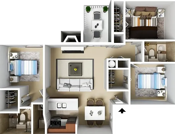 Three Bedrooms, Two Bathrooms, 1100 sqft, Laundry Room with Full-Sized Washer/Dryer, Kitchen open to Living Area, Patio or Balcony, Fireplace in Selected Units Three Bedrooms, Two Bathrooms, 1100 sqft, Laundry Room with Full-Sized Washer/Dryer, Kitchen op