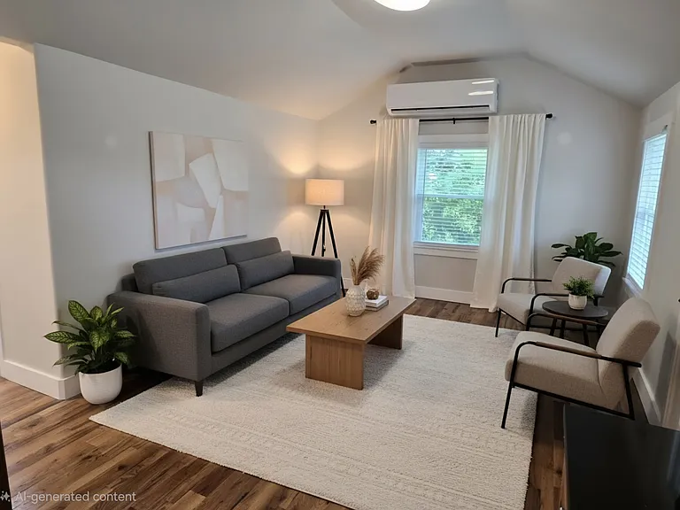 Open kitchen, living, dining area. Home has solid wood floors throughout. New windows and new AC throughout. Home is NOT furnished, this is a concept look.
