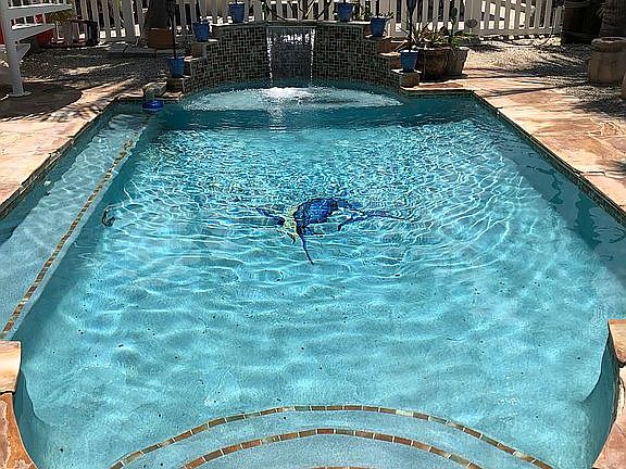 Heated pool with waterfall.