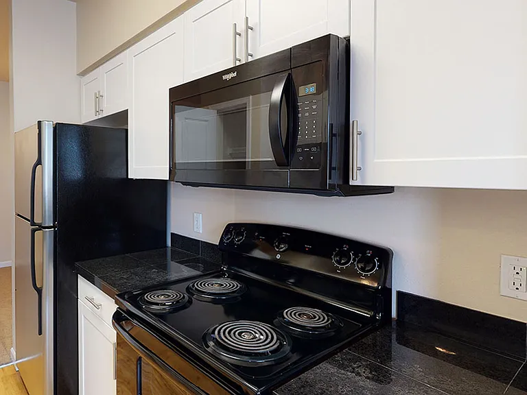 Apartment kitchen with granite countertops and wood-style flooring.