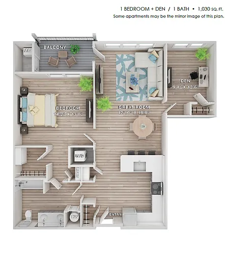 Floor plan 1 Bed 1 Bath w Den