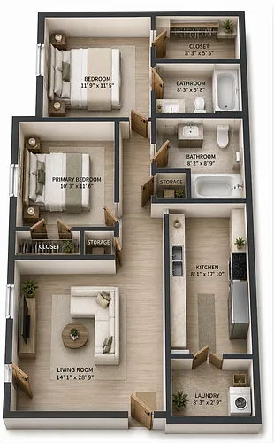 Floor plan 2 Bedroom 1 Bath