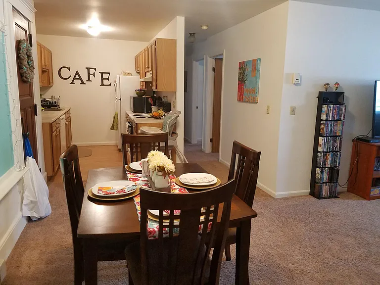 View from dining area into kitchen