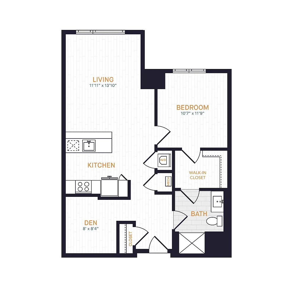 Floor plan A1 | 1 Bed | 1 Bath | Den
