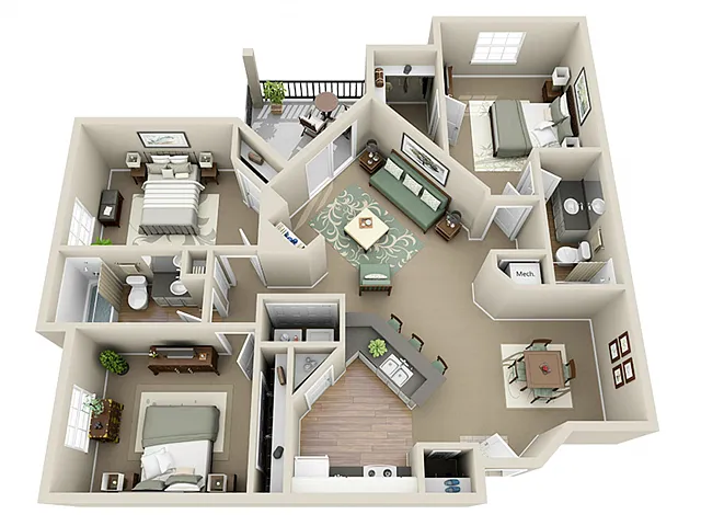 Floor plan 3 Bed 2 Bath - Atlanta (1273 sq ft)