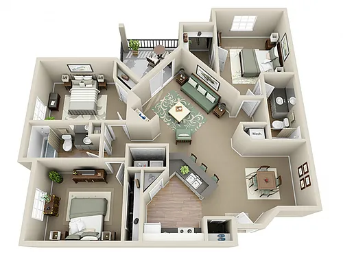 Floor plan 3 Bed 2 Bath - Atlanta (1273 sq ft)