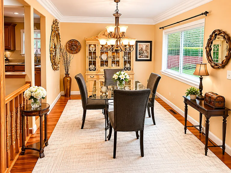 Large dining room with real hardwood floors, crown molding, and a big window
perfect for family meals.