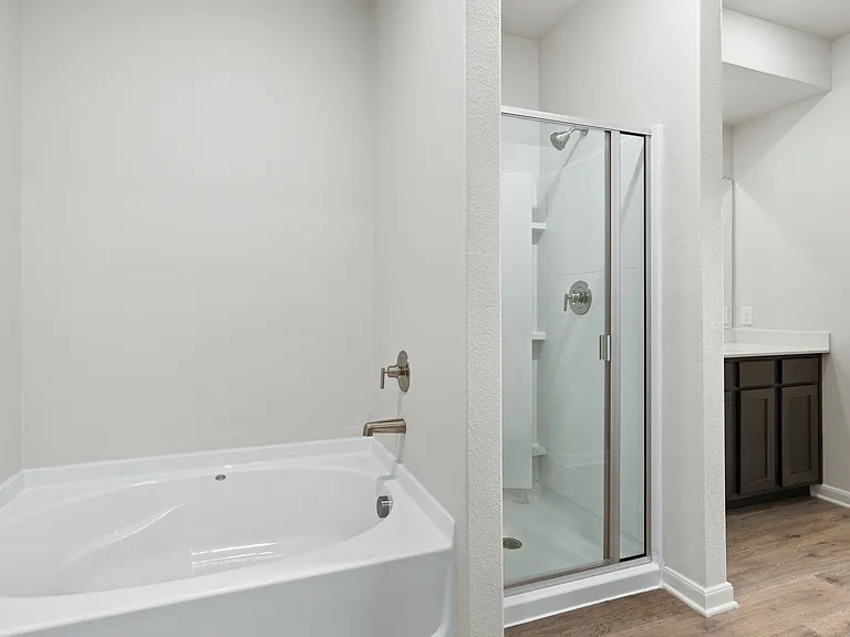 The master bathroom has a glass, walk-in shower and a garden tub.