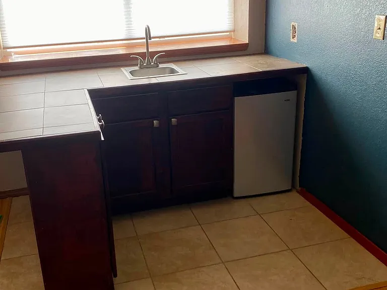 Mini fridge and sink in downstairs living space.