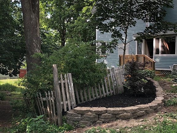 Mature trees and shrubs.