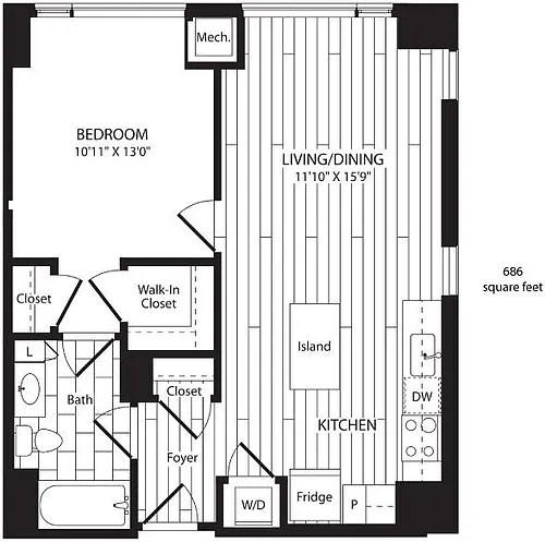 Floor plan One Bedroom 686