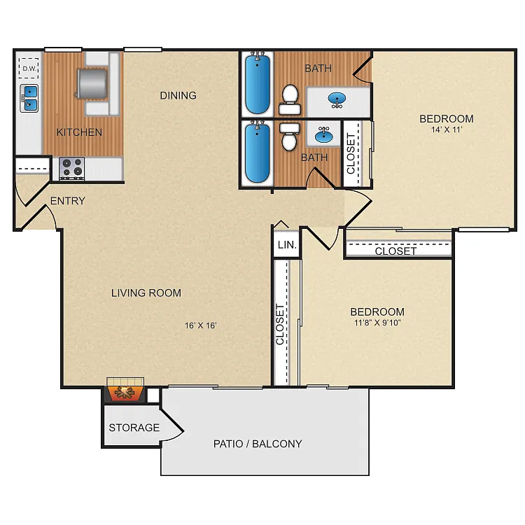 Floor plan Two Bed Two Bath Plan B