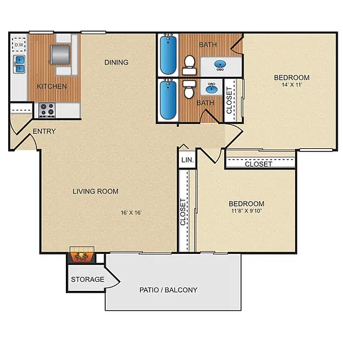 Floor plan Two Bed Two Bath Plan B