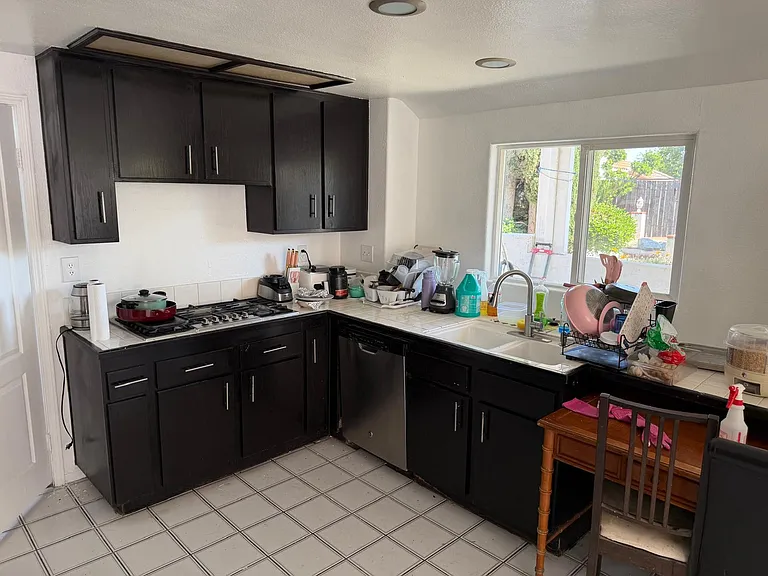 Functional kitchen with generous cabinet storage, gas cooktop, dishwasher, and a large sink set beneath a backyard-facing win