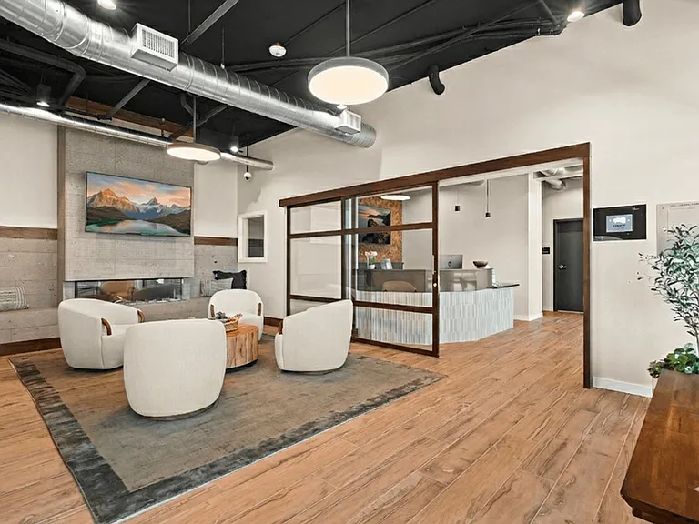 Modern leasing lounge in Sumner, WA designed for comfort, style, and a welcoming first impression.