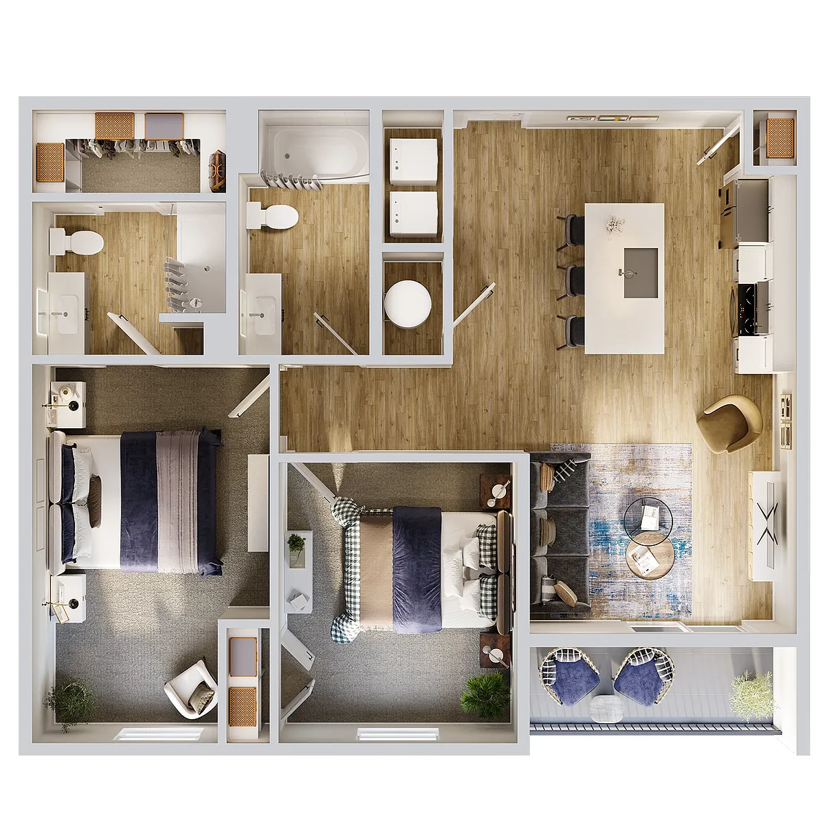 Floor plan 2 Bed 2 Bath - 999 SF