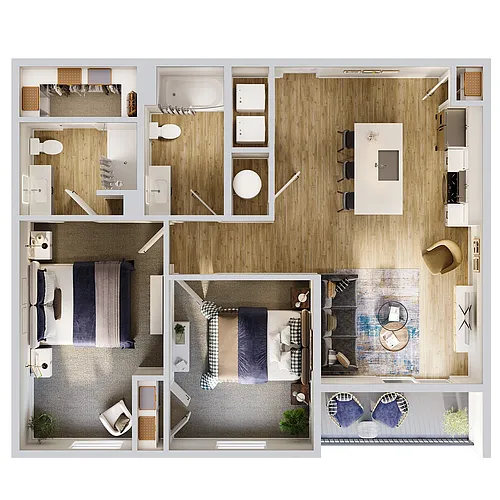 Floor plan 2 Bed 2 Bath - 999 SF