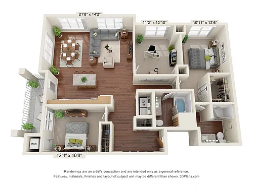 Floor plan Three Bedroom 3D
