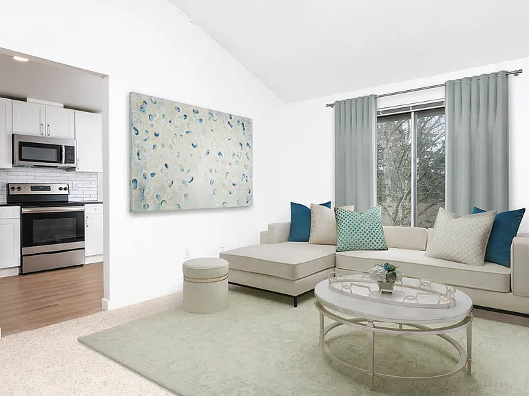 Kitchen and Carpeted Living Room