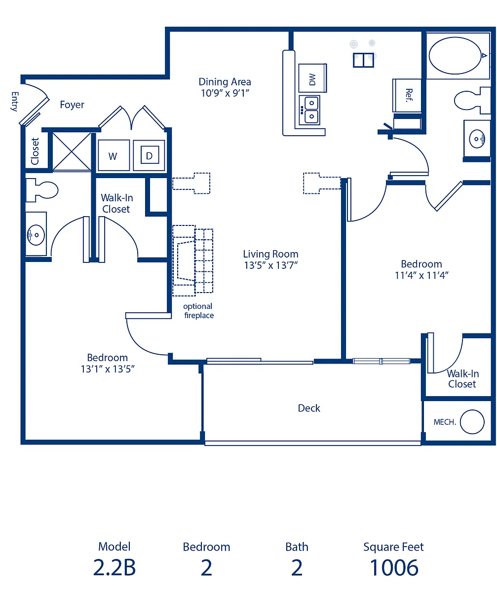 Floor plan 2BR 2BA 1006 Sqft Income Restricted