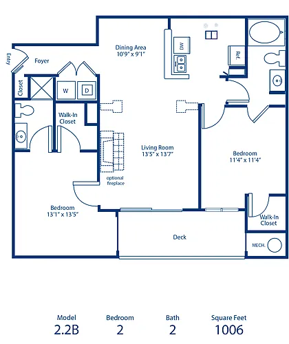 Floor plan 2BR 2BA 1006 Sqft Income Restricted