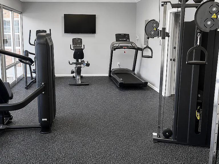 Modern fitness center featuring state-of-the-art equipment, including treadmills, stationary bikes, and multi-station gym machine, in a bright and airy space with floor-to-ceiling windows.