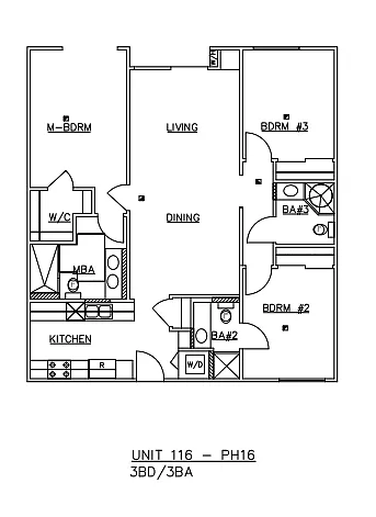 Floor plan Three-Bedroom Three-Bathroom - B