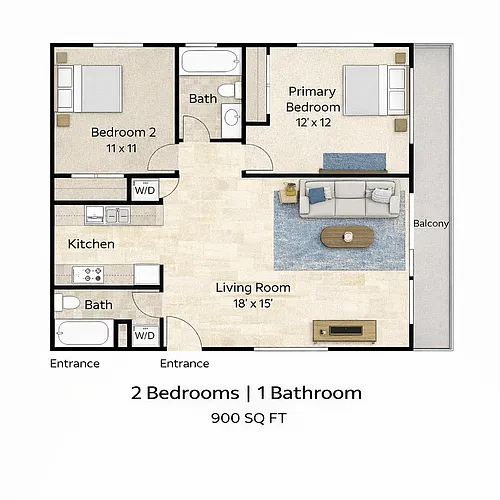 Floor plan 2 Bedroom 1 Bathroom