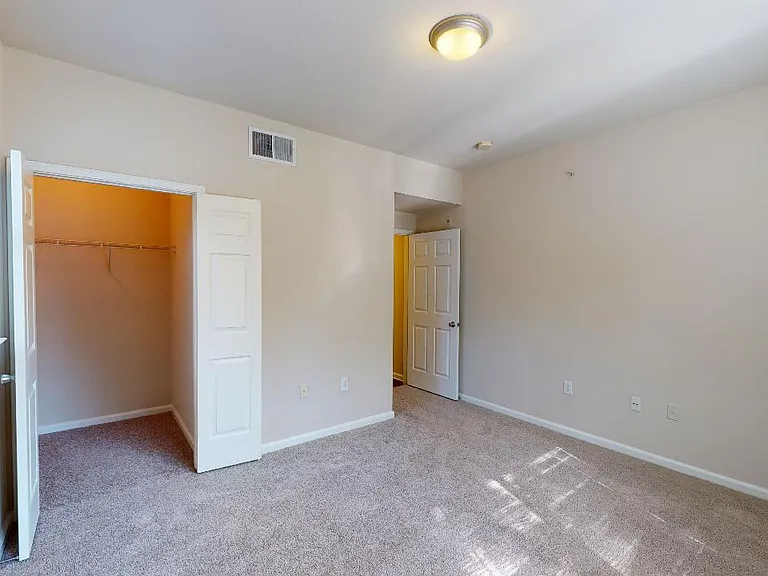 Spacious apartment bedroom with large closet and plush carpet flooring.