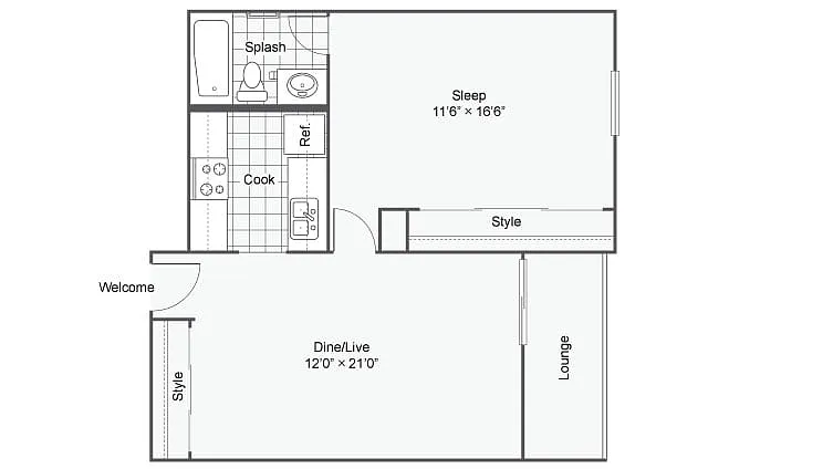 Floor plan 1 Bed 1 Bath D