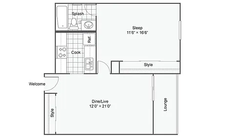 Floor plan 1 Bed 1 Bath D